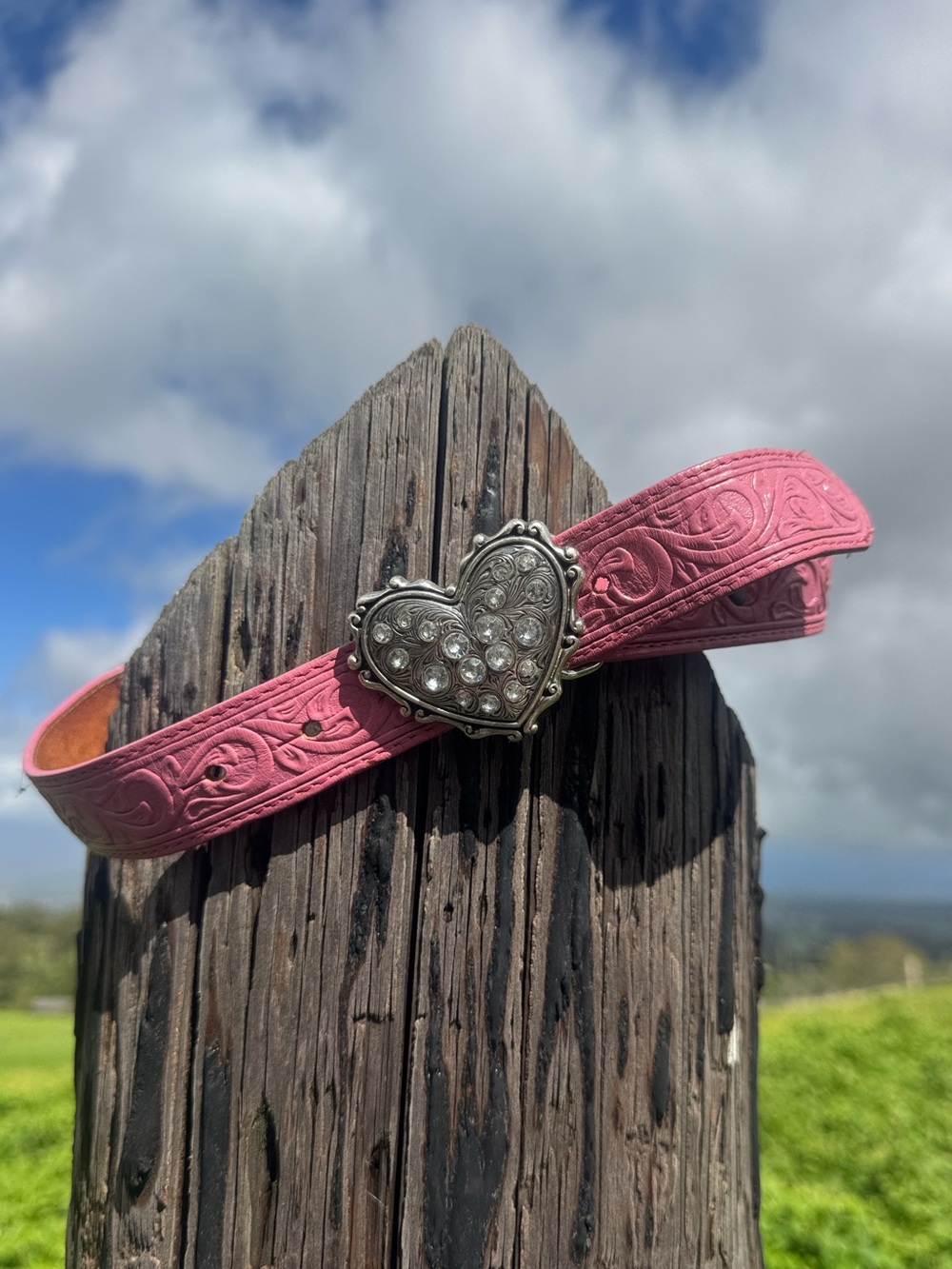 Justin Boots Western Pink Leather Tooled Belt Rhinestone Studded Heart Size 24